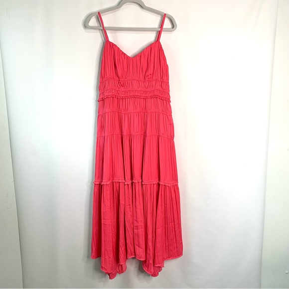 Anthropologie Ruched Tiered Midi Slip Dress Sz 16W Pink Sleeveless Asymmetrical - Picture 5 of 14